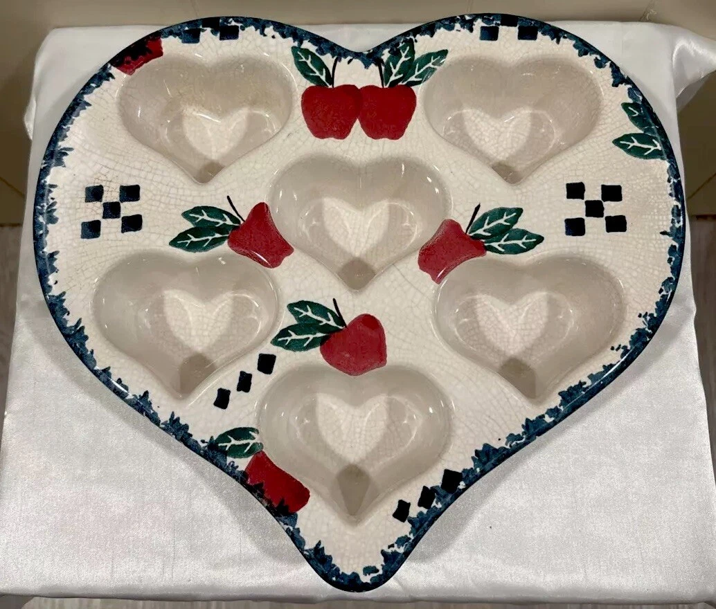 Chapparal Hearts & Apples Ceramic Stoneware Muffin Dish/Pan, Makes 6