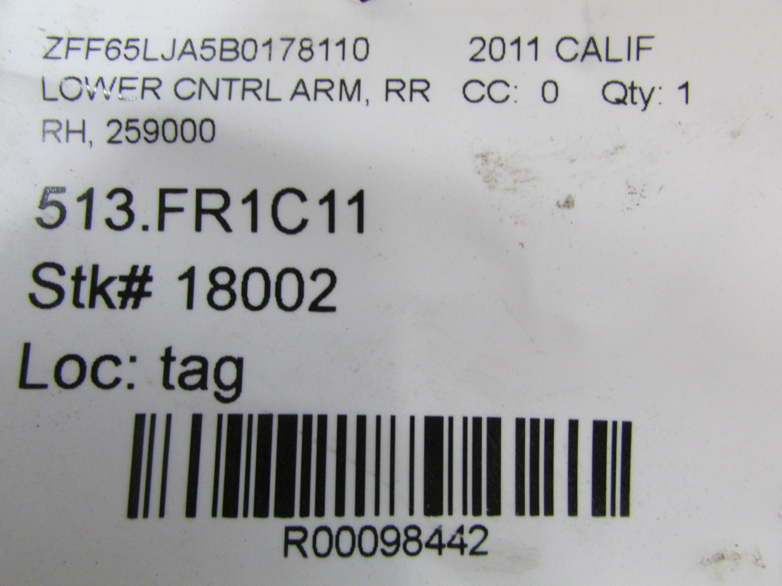 Ferrari 458, California, RH, Right Rear Lower Control Arm, Used, P/N 261003