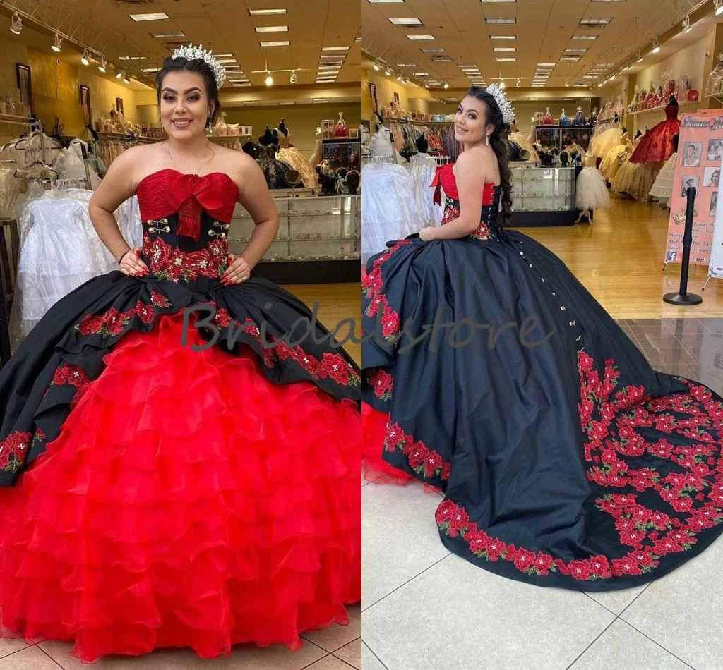 Red With Black Quinceanera Dresses Sweet 16 Organza Ruffles Appliques Ball  Gown