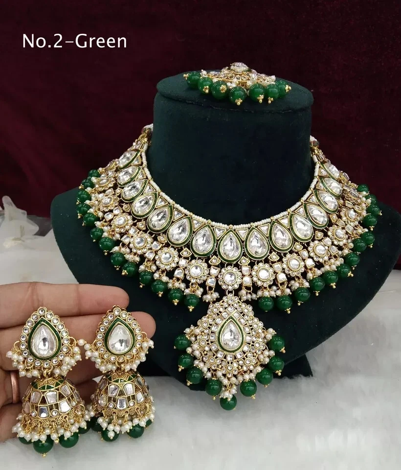 Pendientes collar de piedras tradicionales de joyería india Kundan de oro de la mejor calidad Foto 3 de 3