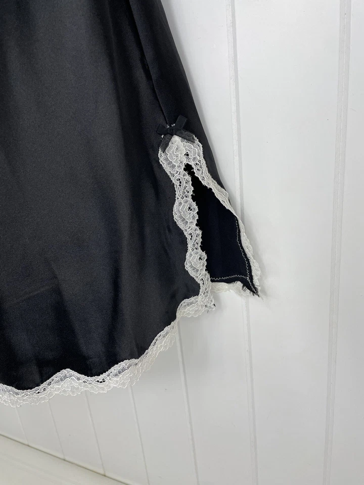 Vtg Victoria's Secret Black Satin Slip Dress Lingerie White Lace Trim Slit Large - Image 4 of 4