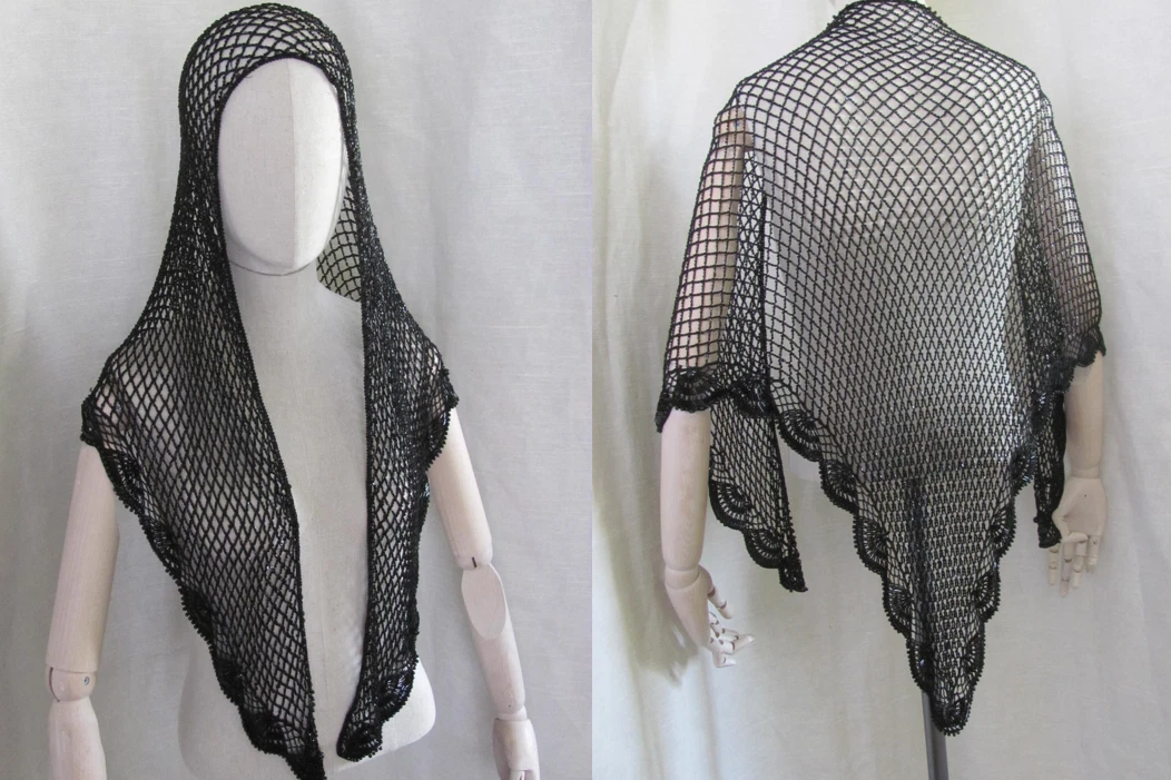 Victorian Style Black Crochet Shawl Wrap Nice Beaded Accents | eBay