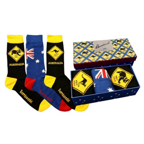 3 Pair Australian Souvenir Road Sign Flag Bamboo Socks Mens 7-11 Gift Box - Picture 1 of 5
