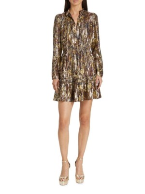 BA&SH Capi Lady Metallic Lame Paisley Ruffle Puff Long Sleeve Dress 1 = 4 Small