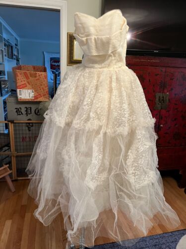 Vtg 1950s White Chiffon Lace Prom Dress Strapless Ruffles Frills XS 25" Waist