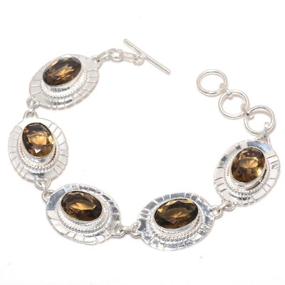 Smoky Quartz Gemstone Handmade 925 Sterling Silver Jewelry Bracelet Sz 7-8''
