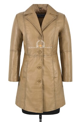 Womens Real Leather Elegant Trench Coat Beige Lambskin Knee-Length