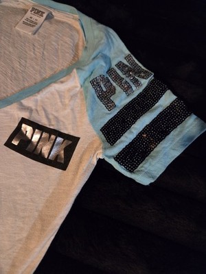 PINK Victoria's Secret Sequin Logo Jersey T-Shirt White Blue V-Neck XS