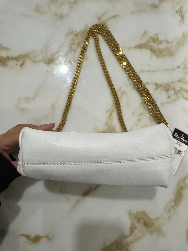 PALOMA PICASSO BOLSA DE OMBRO VINTAGE COURO CREME TIRACOLO CORRENTE DOURADA EXCELENTE ESTADO USADO - Imagem 4 de 4