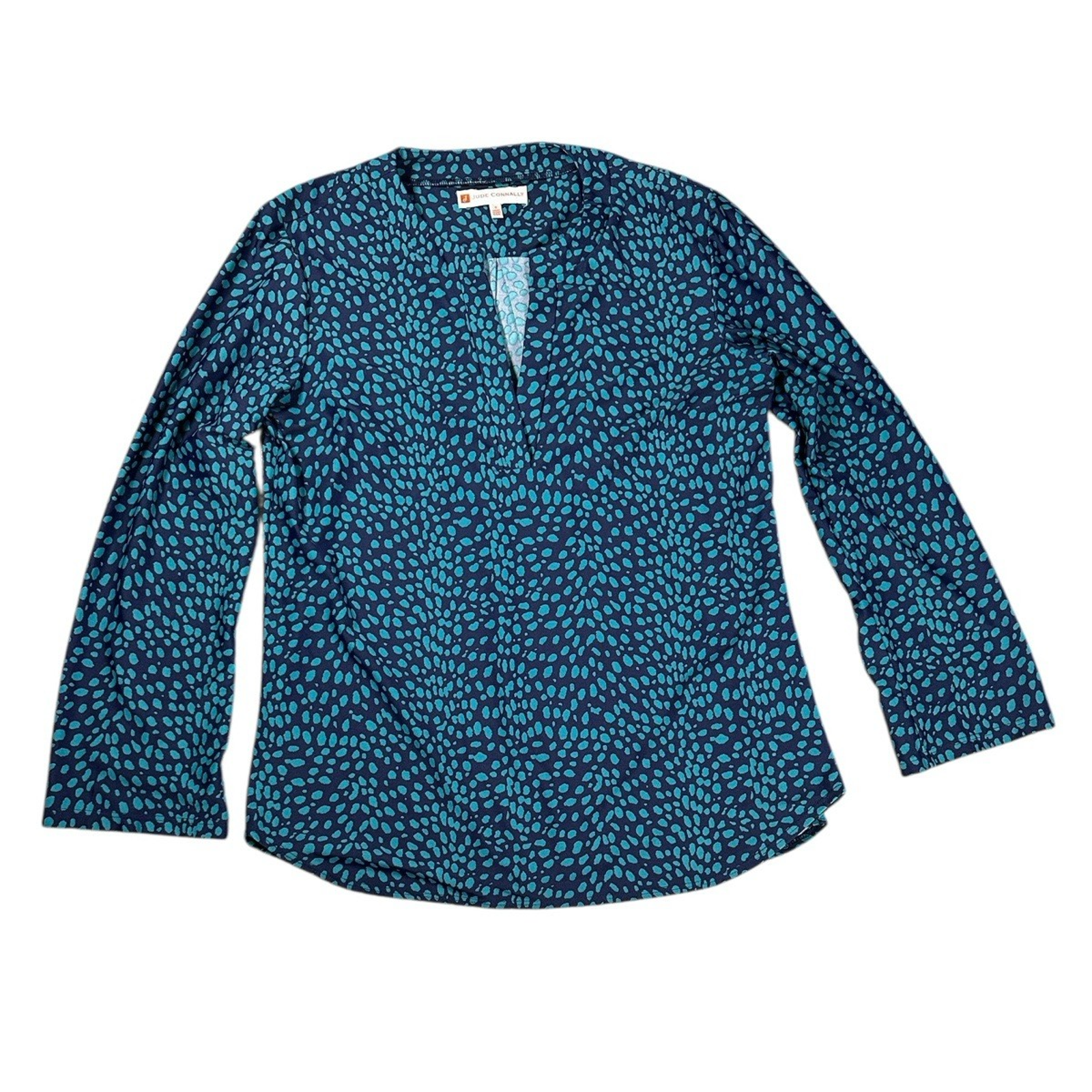 Jude Connally Chris Tunic Top Womens Size Small Blue Spotted Long Sleeve V-Neck
