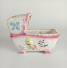 Vintage Ceramic Pink Baby Girl Bed Planter Made In Japan 128 - 5.5" Tall