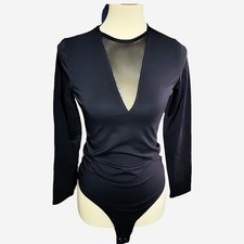 Express Womens Black Long Sleeve Fitted Bodysuit Mesh Deep V Neck Brand New Sz M