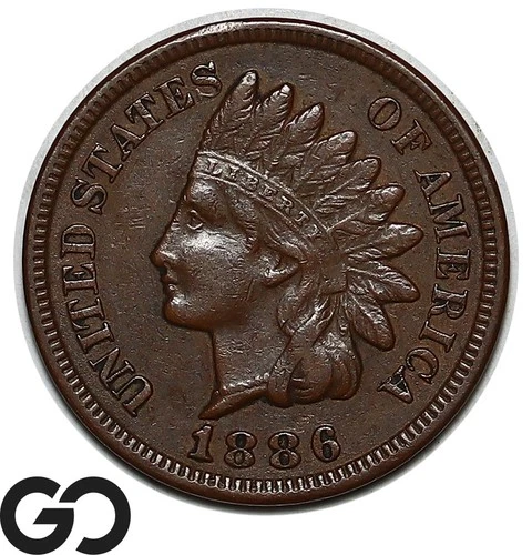 1886 Indian Head Cent Penny, Type 2, Choice XF++/AU Better Date Variety