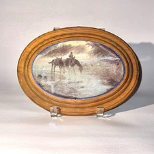Vintage Horses In The Mist Painting On Wooden Oval w / Crystalline Type Finish