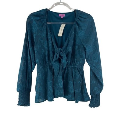 Mi Ami Francesca's Tie Front Blouse Women S Teal Floral Burnout Peplum Smocked