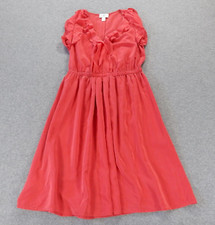 Ann Taylor LOFT Dress 4 Red 100% Silk Flowy Sleeveless Knee Length VNeck Ruffle