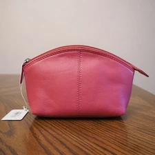 NWT ili New York Pink Genuine Leather Makeup Clutch Purse Cosmetic Bag