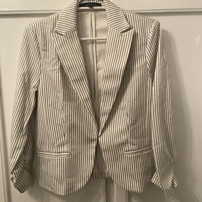 Amanda + Chelsea Pinstripe Gray White Blazer Size M Tuxedo Scrunch Sleeve NWOT