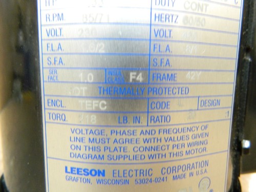 LEESON C42T17FZ15B 20:1 3 Phase 1/3 HP 218 IN LBS 230/460 VAC - Picture 6 of 14