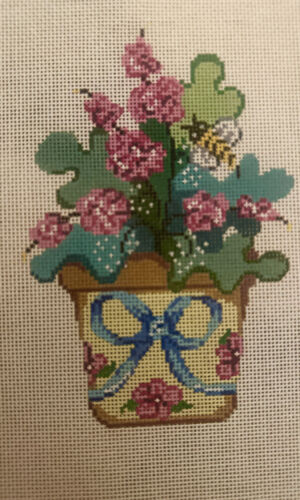Patti Mann Hand Painted Flower Pot with Blue Bow and Bees Needlepoint Canvas