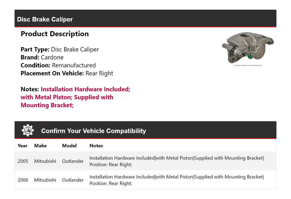 Pinça de freio a disco traseira direita Cardone para 2005-2006 Mitsubishi Outlander - Imagem 2 de 4