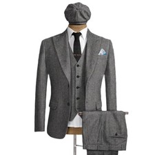 Herrenanzug Grauer  Aus Wollmischung Fischgrätenmuster Business Formal Retrostil