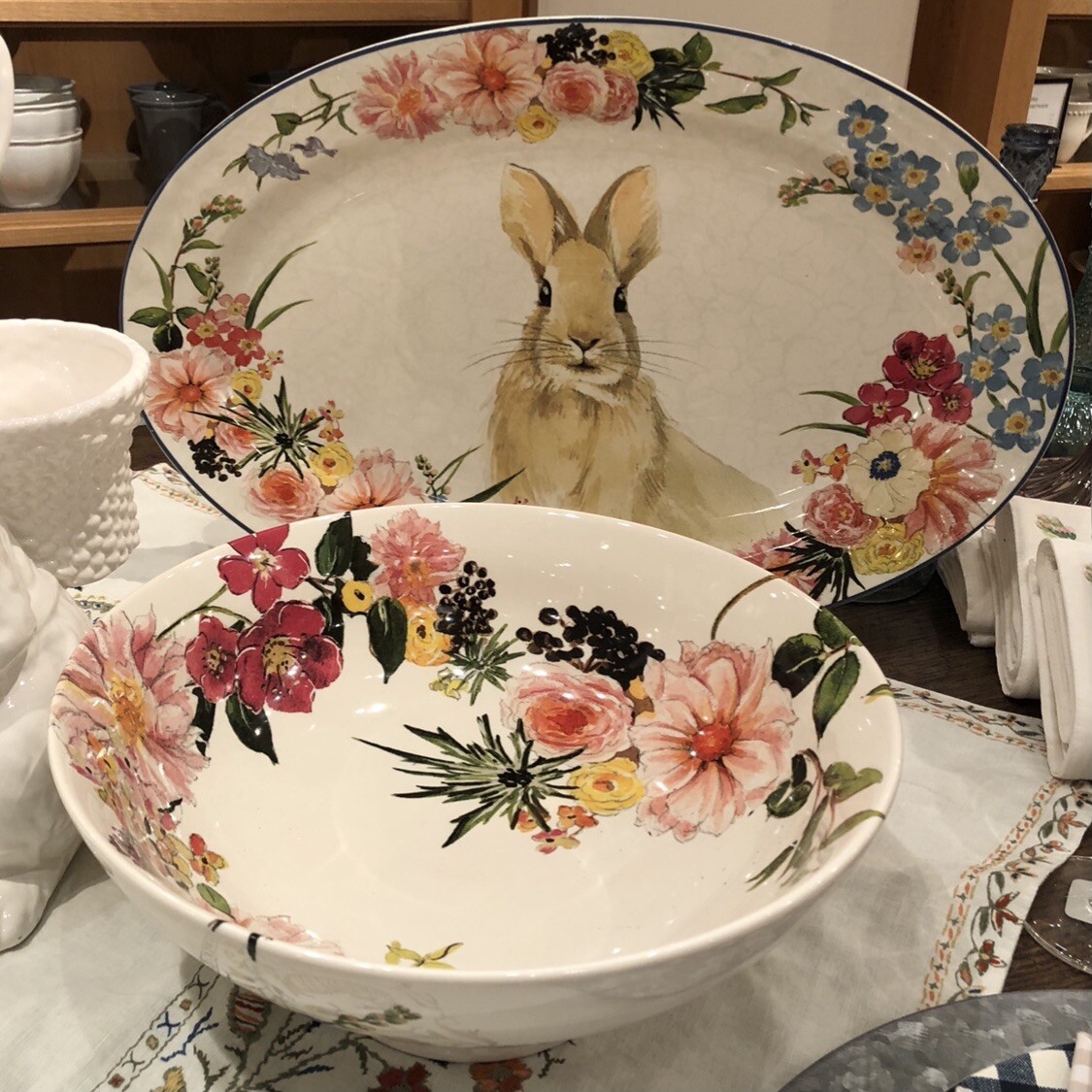 NEW Pottery Barn S/2 ~FLORAL BUNNY~ Footed SERVING BOWL Serve