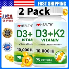 (2 PACK) Vitamin D3 + K2 10000 IU,Supports Bone & Immune Health,Gluten Free, 180