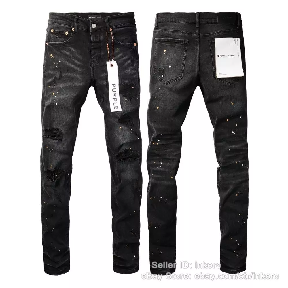 Purple Brand Men's Jeans - Distressed Black Denim with Knee Slit and Ripped  Hole