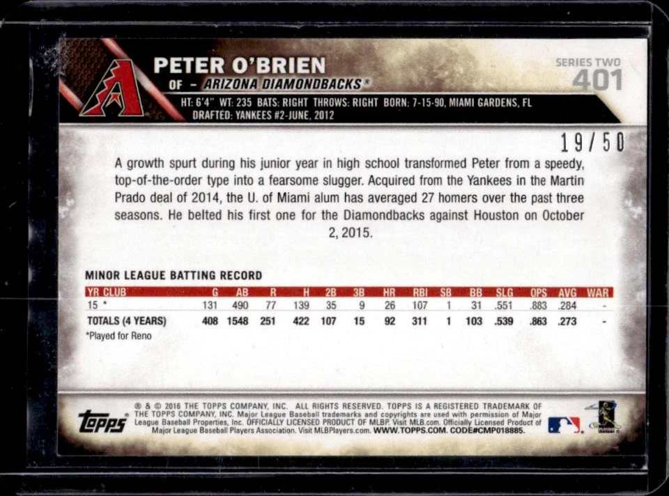 2016 Topps Peter O'Brien RC Pink Rookie #19/50 Diamondbacks - Image 2 of 2