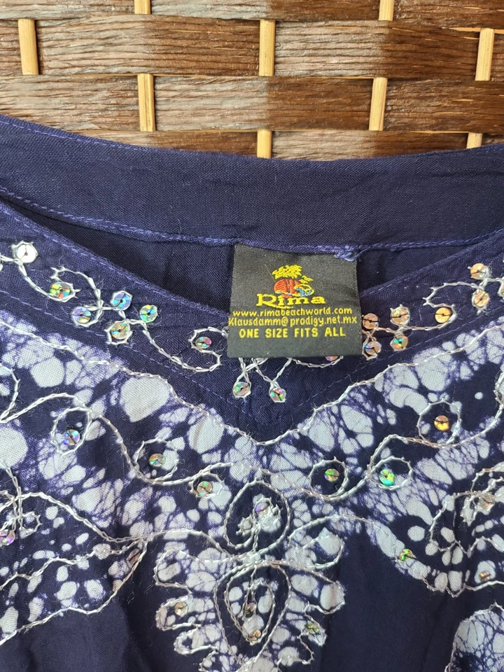 Rima Beach Kaftan 遮瑕连衣裙女式 OS 蓝色几何花卉宽袖 — 第 4/4 张图片