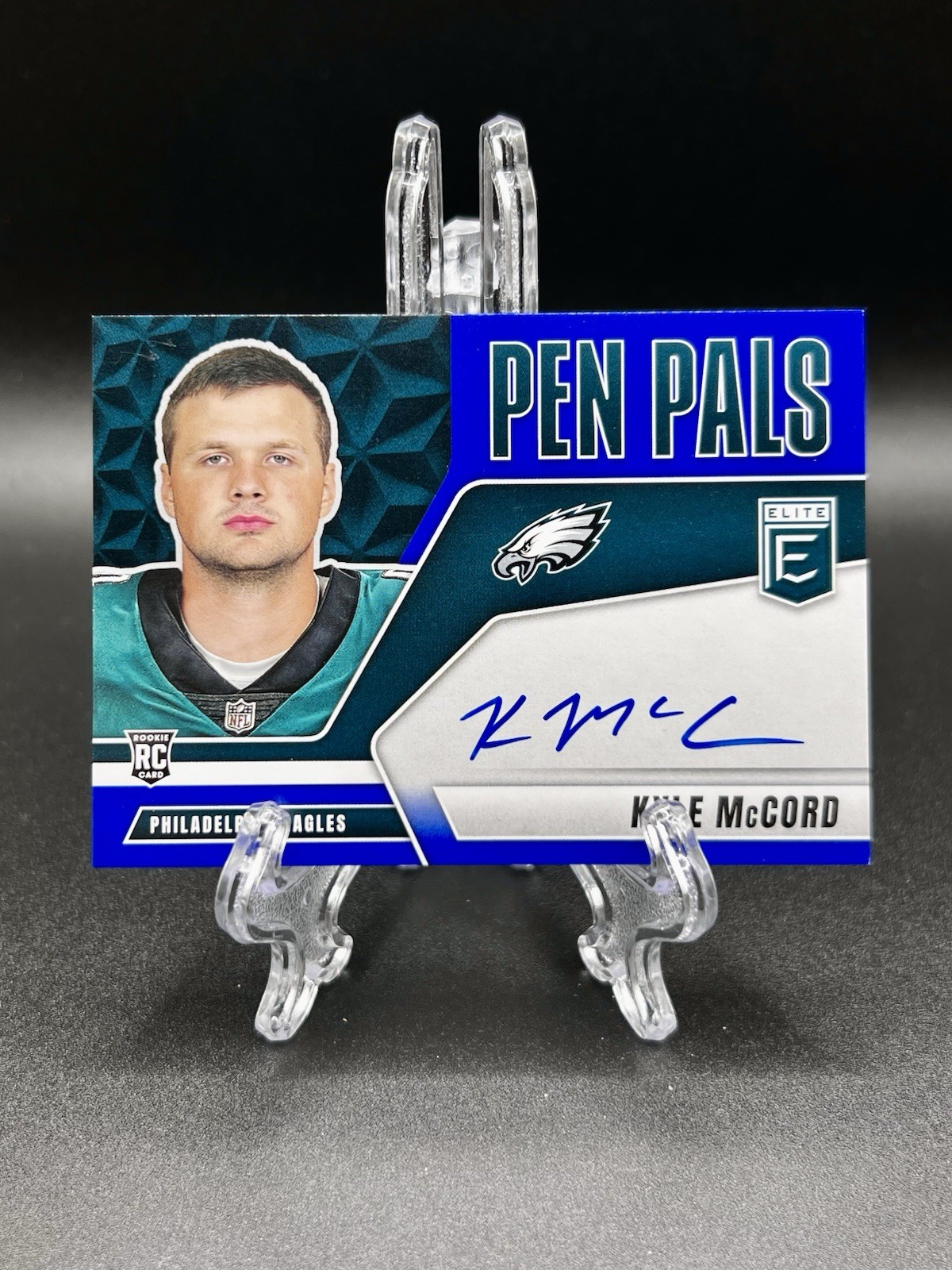 2025 Donruss Elite Kyle McCord Pen Pals RC On-Card Auto Blue Ink Eagles
