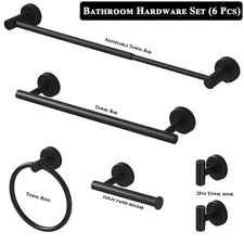 6 Pcs Black Bathroom Hardware Set Stainless Steel Towel Bar Towel Racks Hooks