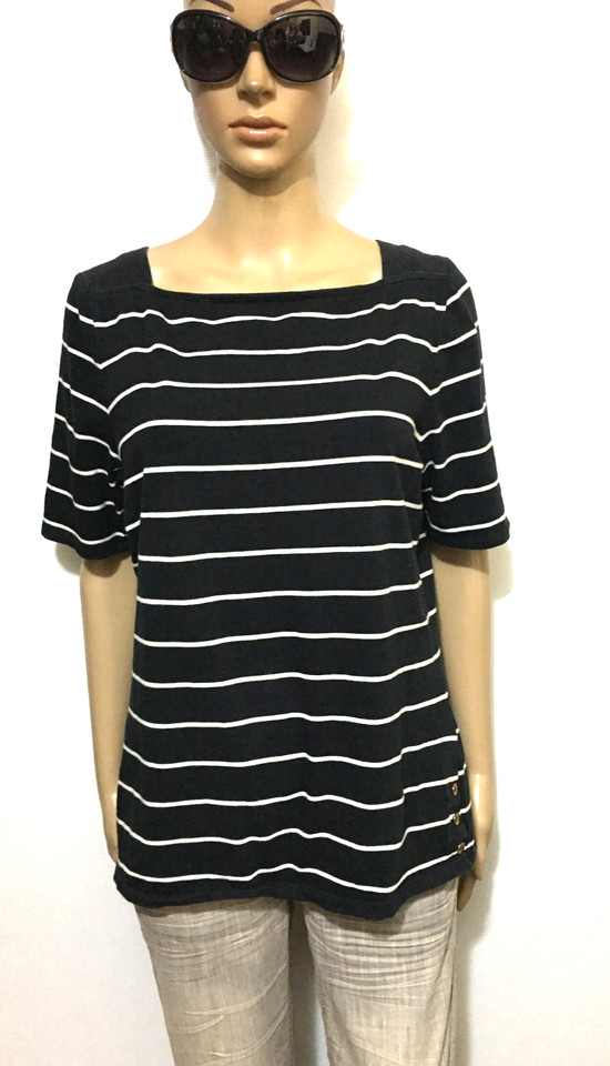 Jacqui E black striped tee top, sz. 12-14/L soft stretch