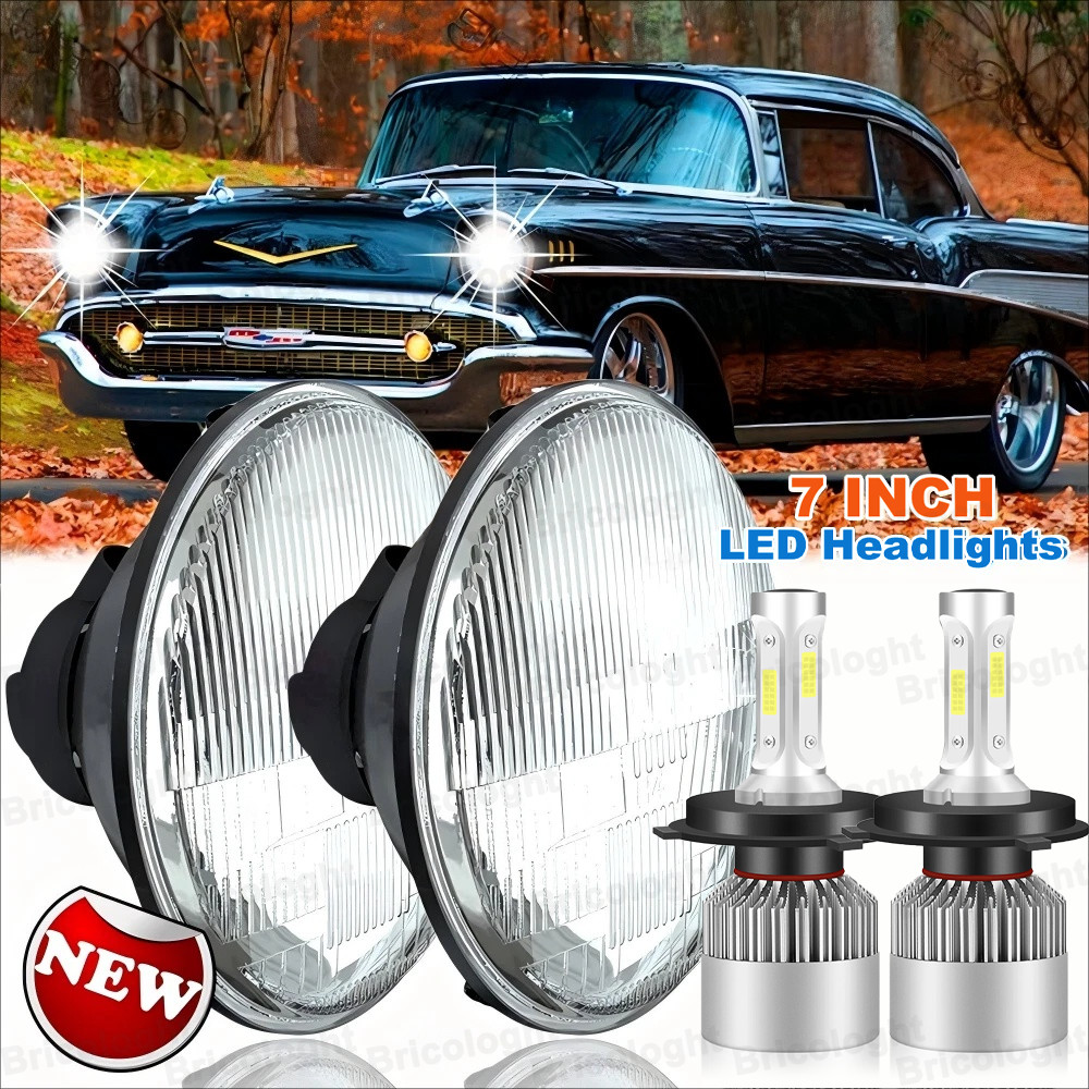 Pair 7 Inch Round LED Headlights Hi/Lo Sealed Beam For Chevy Bel Air 1955-1957