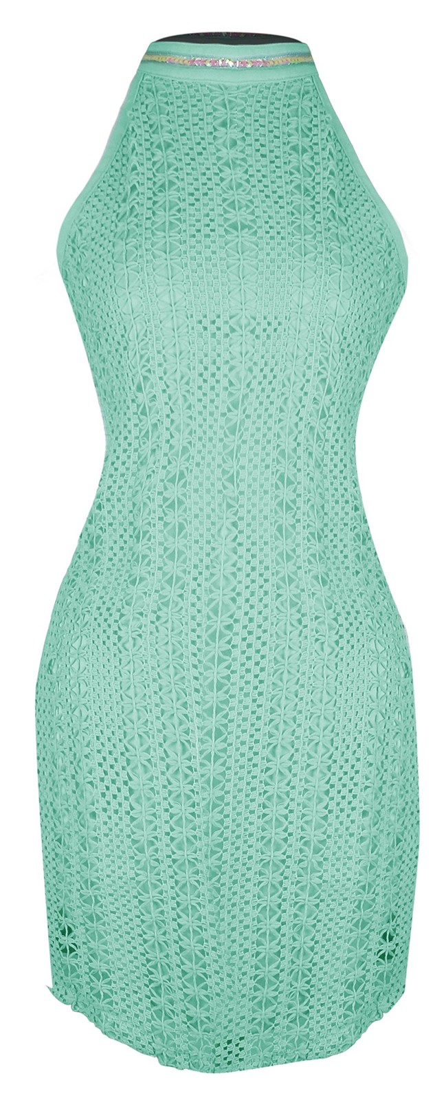 Elegant Moments Mint Crochet Lace Halter Cocktail Mini Dress L Summer Lined