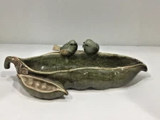 Pea Pod Ceramic Bird Bath Feeder Brown Green Speckled