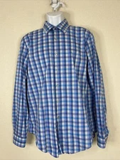 Van Heusen Flex Men Size L Blue Check Button Up Shirt Long Sleeve Slim Fit