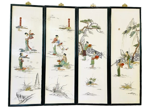 4 Black Lacquer 1950s Ivory Asian Wall Panels Carved Jade Soapstone Geisha 36”