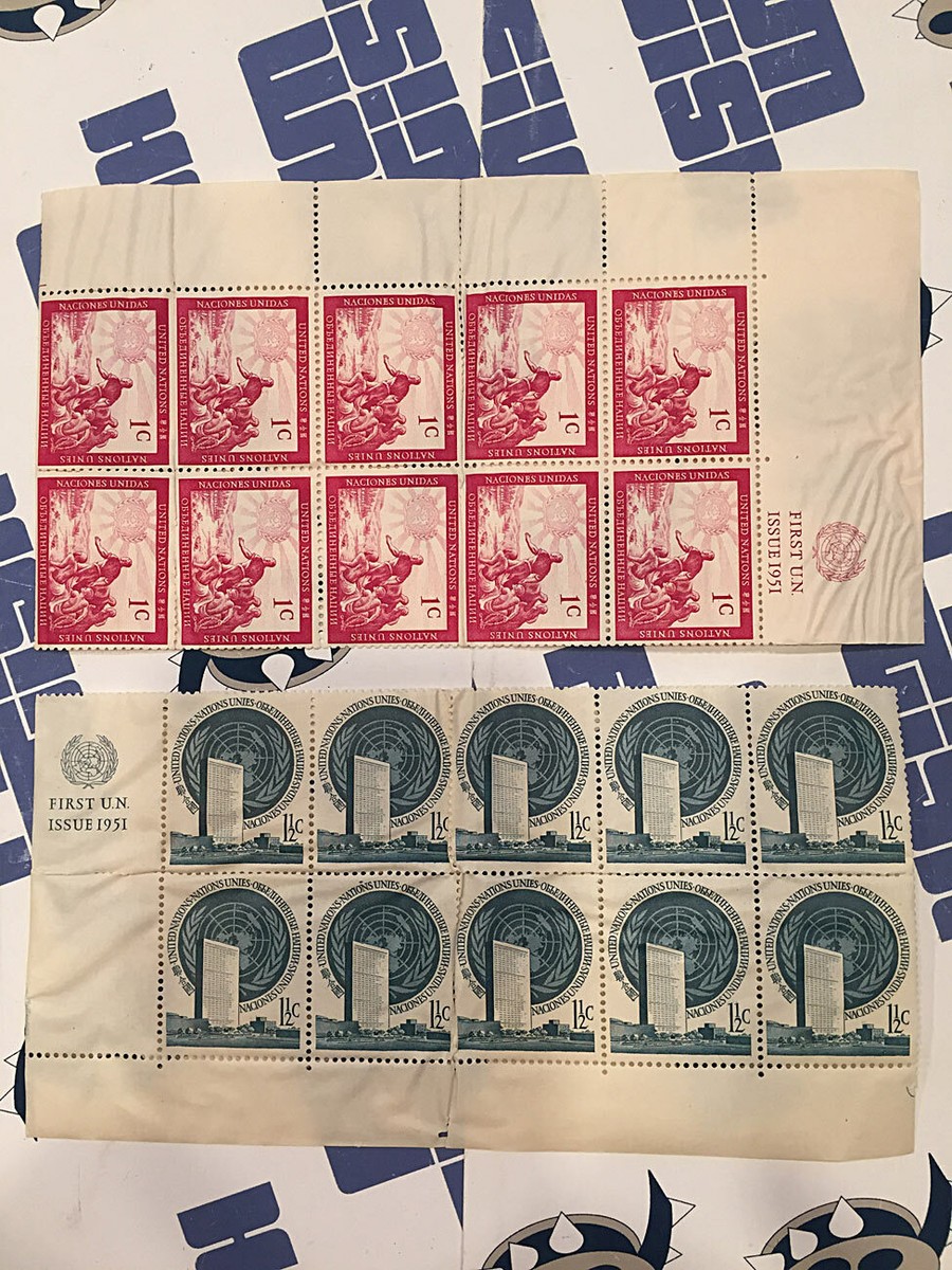 UN Stamps 1st UN Issue 1951 (2) Sheets of 10 Value 1 1/2c UN Stamps 1st UN Issue 1951 (2) Sheets of 10 Value 1 1/2c
