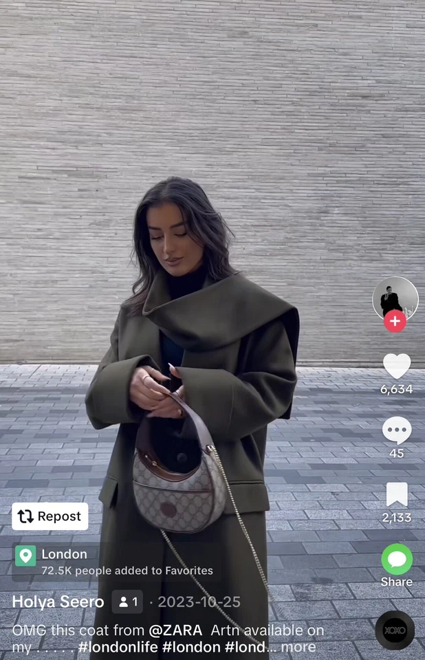 NWT!! HOT ZARA ZW COLLECTION MINIMALIST SCARF COAT KHAKI, XS-S REF. 8606/744