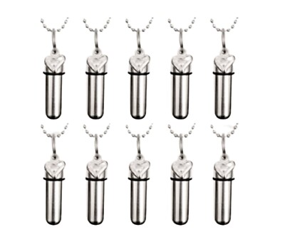 Set of 10 Silver Open Heart CREMATION URNS with Velvet Pouches, Chains,  Fill Kit