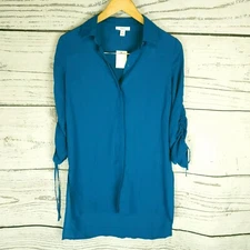 Bar III Womens XS Blue Ruched Sleeves Sheer Side Split Button Tunic Shirt