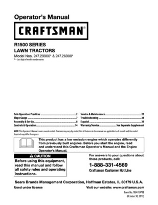 Owner’s Manual Sears Craftsman R1500 Series Lawn Tractor Model 