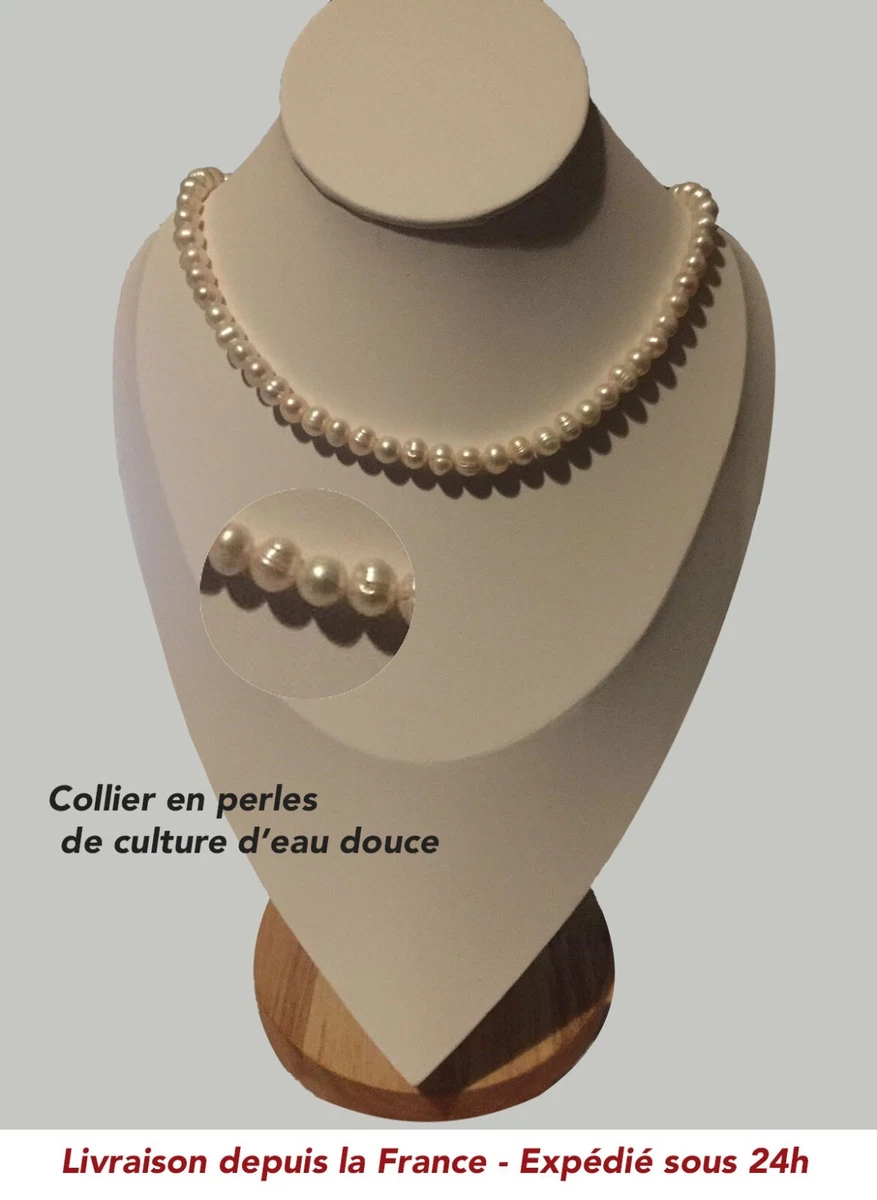 N24.313 collier à perles blanc fermoir à clip métal argenté bijou mode vintage