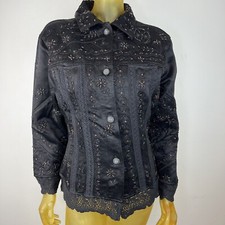 Flashback Couture Women's Black Satin Lace Beaded Short Jacket Button Xl