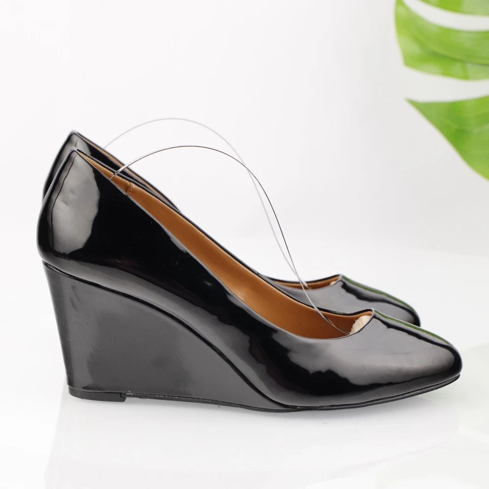 J Crew 女式 Sylvia 泵码 7 黑色漆皮楔形鞋跟舒适正装鞋优雅 — 第 3/4 张图片