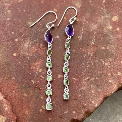 Beautiful Green Peridot Purple Amethyst 925 Sterling Silver Long Statement Ear - Picture 3 of 7