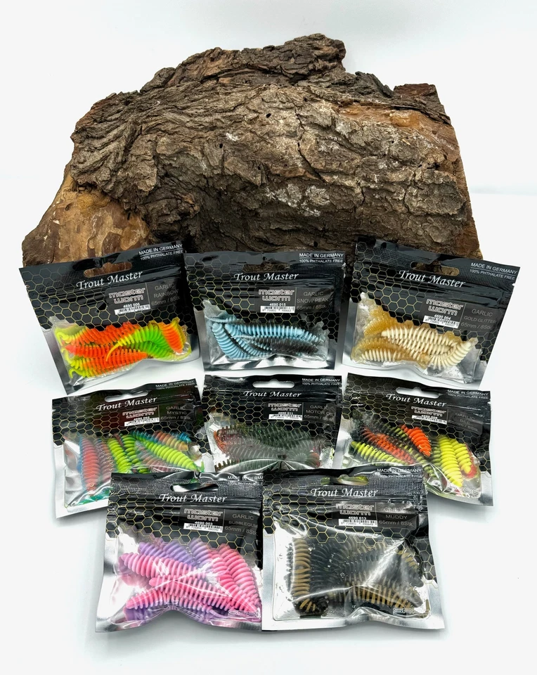 Spro Trout Master Worm 65 65 mm aroma a ajo UV 16 colores 8 piezas pez de goma embalaje original