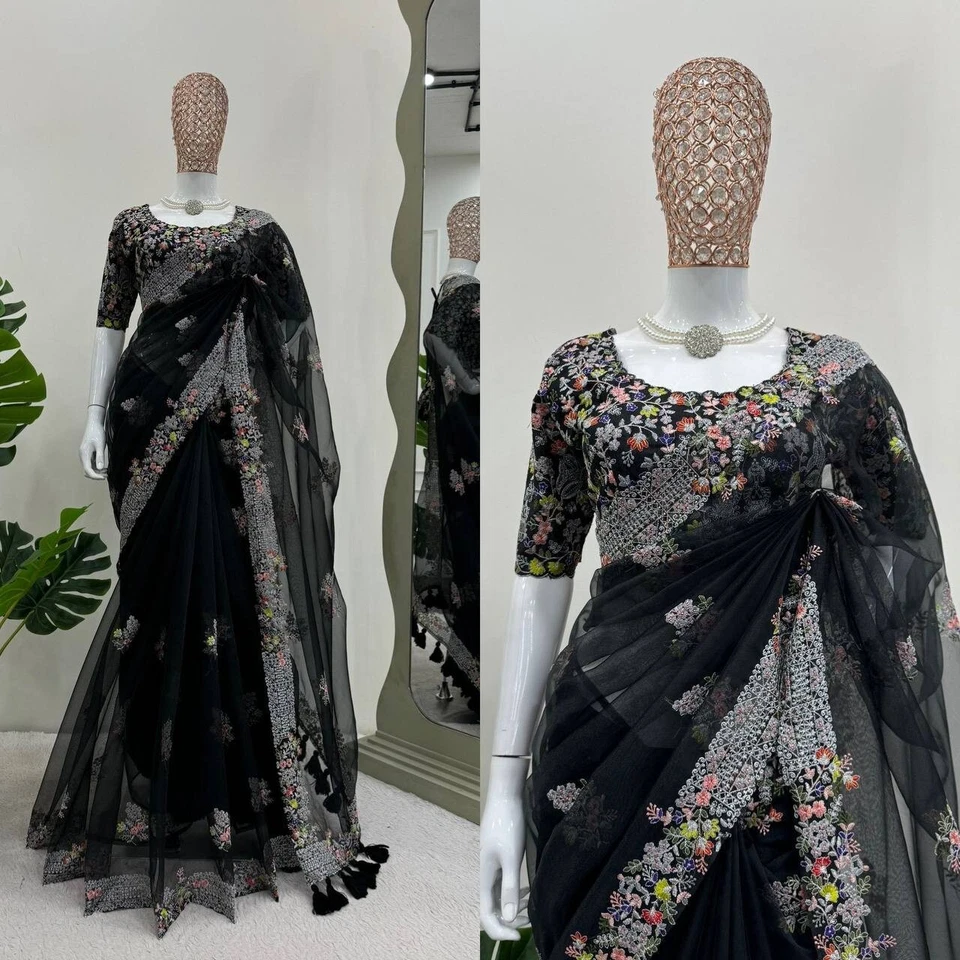 Atractivo sari de seda atigrado con blusa para mujer y niña de fiesta Foto 4 de 4